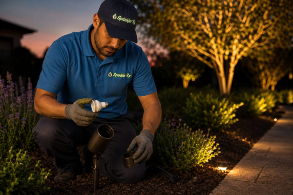 SprinklerRX Technician replacing landscape light bulb