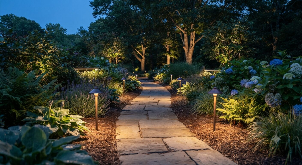 Walkway lit by landscape lights
